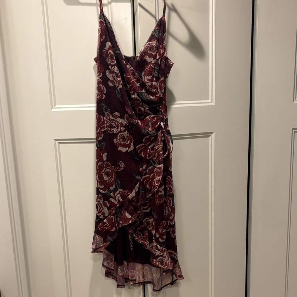 Women’s Floral Burgundy Slip Dress with Ruffle Wrap